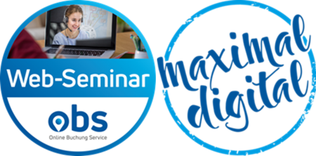 Das Bild besteht aus zwei blauen, runden Elementen: Links ist ein Kreis mit einem Foto einer Person am Laptop und dem Schriftzug „Web-Seminar“ sowie dem Logo „obs“. Rechts daneben befindet sich ein weiterer Kreis mit der handschriftlich wirkenden Aufschrift „maximal digital“. Das Gesamtbild wirkt wie ein Banner oder Logo für ein digitales Weiterbildungsangebot.