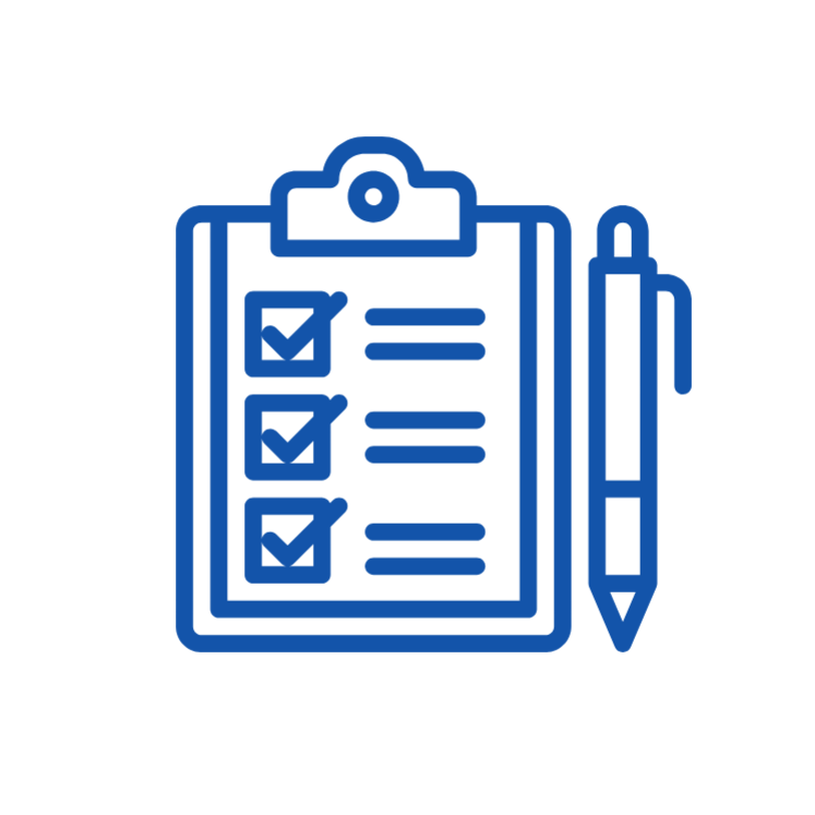 Das Symbol zeigt eine Checkliste mit abgehakten Punkten und einem Stift und steht für Planung, Kontrolle oder Aufgabenverwaltung.