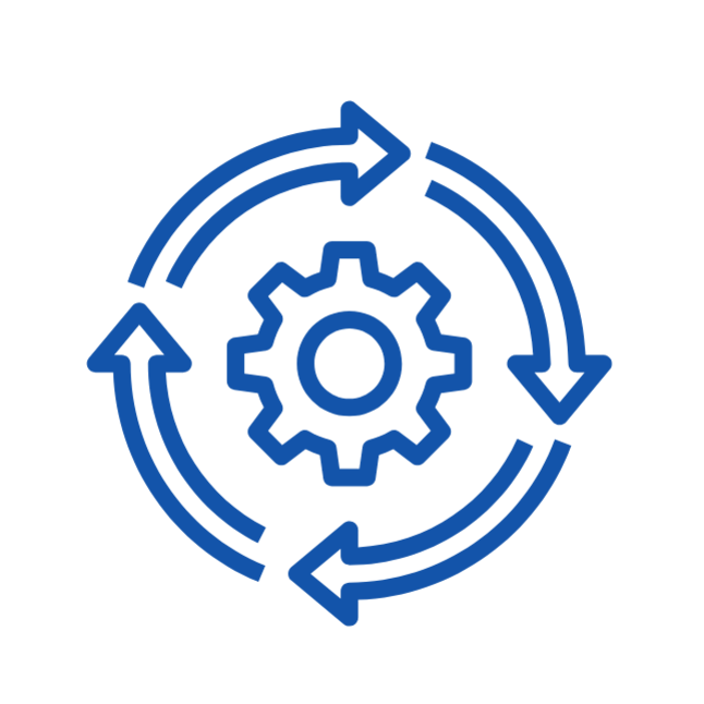 Das Symbol zeigt ein Zahnrad, das von kreisförmig angeordneten Pfeilen umgeben ist und steht für fortlaufende Prozesse.